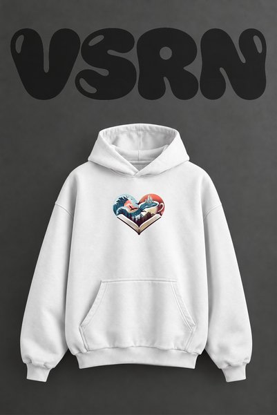 VSRN سترة بيضاء كبيرة الحجم بقلنسوة وطباعة أمامية بتصميم Book Heart Wave