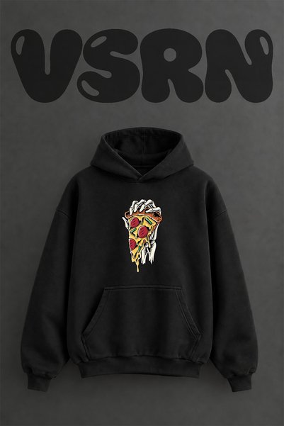 VSRN Hanorac negru supradimensionat cu glugă, cu imprimeu frontal, cu design ...