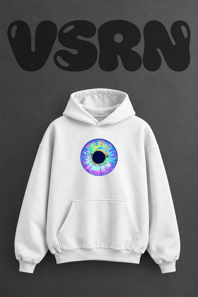 VSRN Psychedelic Eye Design Pre-Printed Oversize White Hooded Sweatshirt