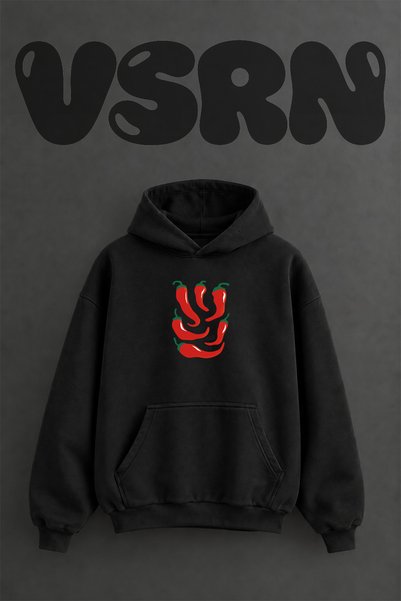 VSRN Chili Pepper Design Pre-Printed Oversize Black Hooded Sweatshirt