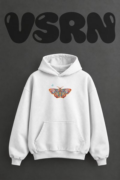 VSRN سويت شيرت أبيض كبير الحجم بقلنسوة وطباعة أمامية بتصميم فراشة ملونة