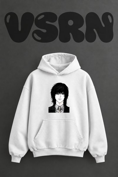VSRN سويت شيرت أبيض كبير الحجم بقلنسوة وطباعة أمامية من تصميم L Lawliet
