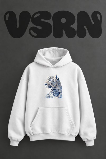 VSRN سويت شيرت أبيض كبير الحجم بقلنسوة وطباعة أمامية بتصميم ليوبارد بورسلين