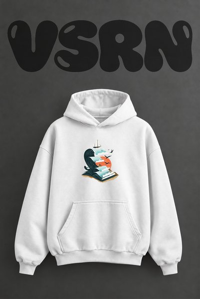 VSRN Book Sailboat Design Pre-Printed Oversize White Hooded Sweatshirt