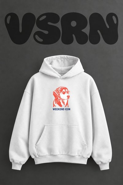 VSRN Babushka Dog Design Pre-Printed Oversize White Hooded Sweatshirt