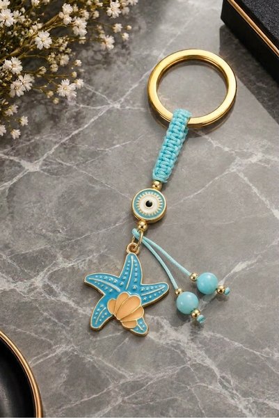 Azrua Blue Lilac Braided String Starfish Metal Keychain, Lucky Keychain, Metal Evil Eye Keychain Bag Accessory