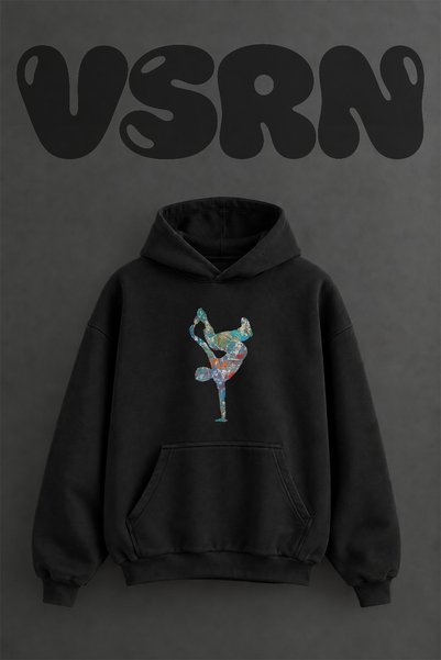 VSRN Abstract Breakdance Design Pre-Printed Oversize Black Hooded Sweatshirt