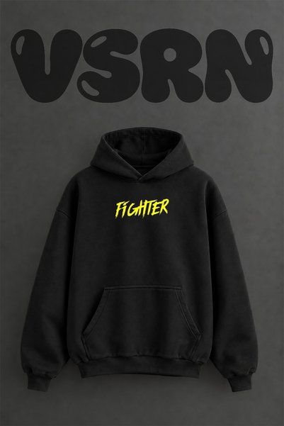 VSRN Brush Fighter Design Pre-Printed Oversize Black Hooded Sweatshirt
