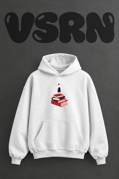 VSRN Woman Books Design Pre-Printed Oversize White Hooded Sweatshirt