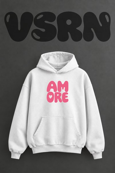 VSRN Amore Heart Design Pre-Printed Oversize White Hooded Sweatshirt