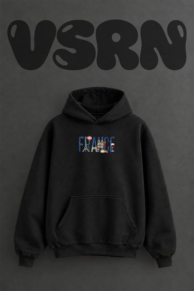 VSRN French Structures Food Design Pre-Printed Oversize Black Hooded Sweatshirt