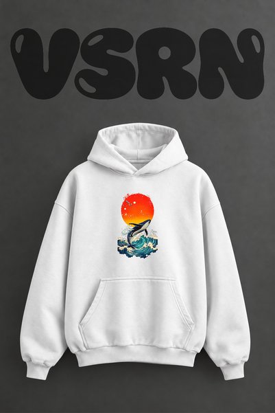 VSRN سويت شيرت أبيض كبير الحجم بقلنسوة وطباعة أمامية بتصميم Whale Wave