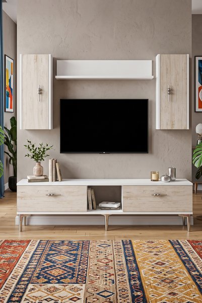 YUMEDİ DESİGN TVR1517BTS - AYSHE TV ÜNİTESİ TAKIMI 150CM BEYAZ-TRAVERTEN-SİLVER
