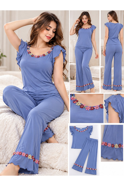 Generic Brand Women's Elegant Two-Piece Pajama Set Ruffled Trim Floral Collar