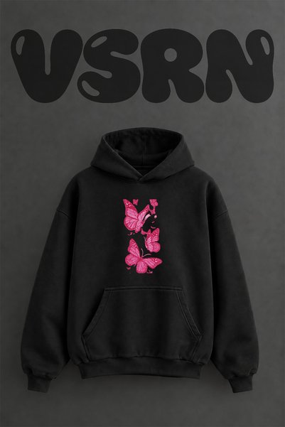 VSRN Hanorac negru supradimensionat cu glugă, cu imprimeu frontal, cu design ...