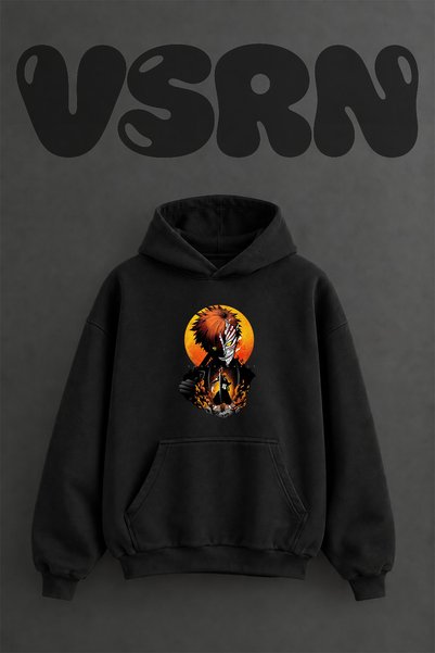 VSRN سويت شيرت أسود كبير الحجم بقلنسوة وطباعة أمامية بتصميم هولو إيتشيغو