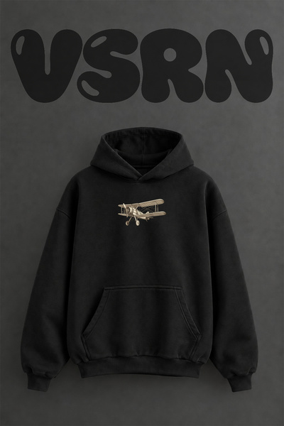 VSRN Vintage Biplane Design Pre-Printed Oversize Black Hooded Sweatshirt