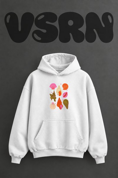 VSRN Sea Shells_1 Design Pre-Printed Oversize White Hooded Sweatshirt