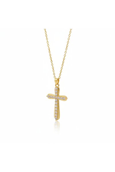 Alviro Colier pentru femei cu cruciuliță, zirconii, oțel auriu, 45 cm
