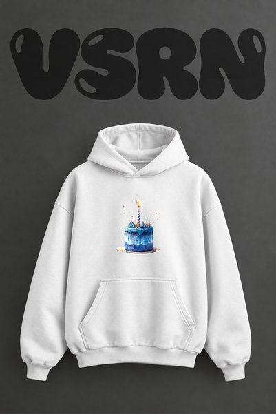 VSRN سترة بيضاء كبيرة الحجم بقلنسوة مطبوعة مسبقًا بتصميم Birthday Cake_1