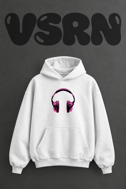 VSRN سويت شيرت بقلنسوة بيضاء كبيرة الحجم بتصميم سماعات رأس وردية مطبوعة مسبقًا