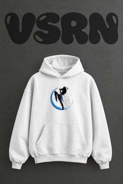VSRN Hanorac alb supradimensionat cu glugă, cu imprimeu frontal, design Muay ...