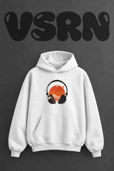 VSRN سويت شيرت أبيض كبير الحجم بقلنسوة وطباعة أمامية من Headphones Sun Design