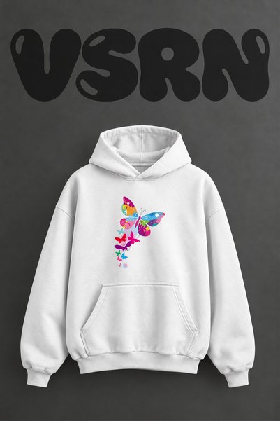 VSRN سويت شيرت أبيض كبير الحجم بقلنسوة وطباعة أمامية بتصميم فراشة ملونة