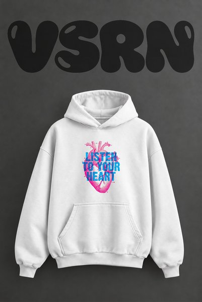 VSRN Dinle Heart Design Pre-Printed Oversize White Hooded Sweatshirt