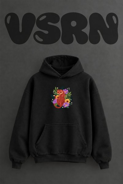 VSRN Hanorac negru supradimensionat cu glugă, cu imprimeu frontal cu design F...