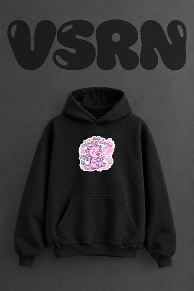 VSRN Cute Dragon Design Pre-Printed Oversize Black Hooded Sweatshirt