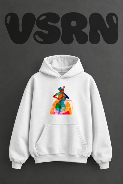 VSRN سويت شيرت أبيض كبير الحجم بقلنسوة مطبوع عليه تصميم موسيقي Doublebass