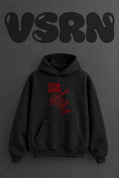 VSRN Sushi Lover Design Hanorac negru supradimensionat cu glugă, imprimat pe ...