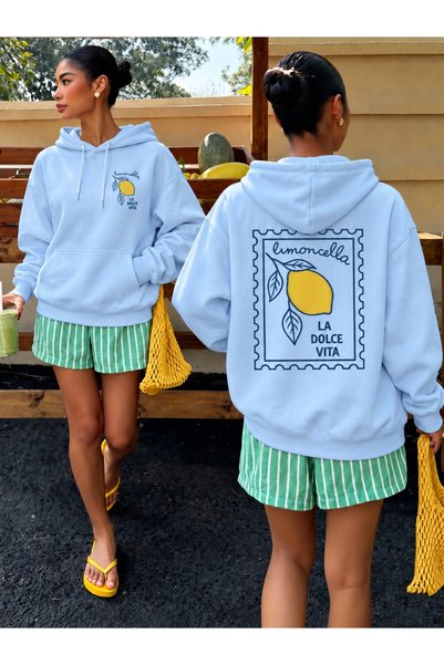 HAI COLLECTİON Oversize 3 Thread Threaded Hooded Sweatshirt Blue Unisex Hoodie