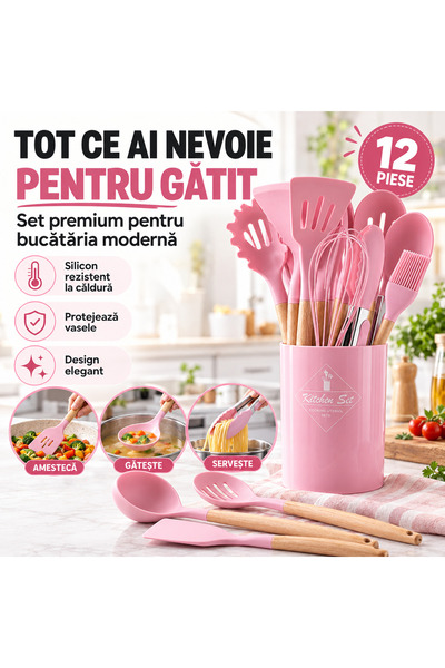 iTin Set ustensile bucatarie 12 piese, silicon termorezistent, maner lemn, Roz