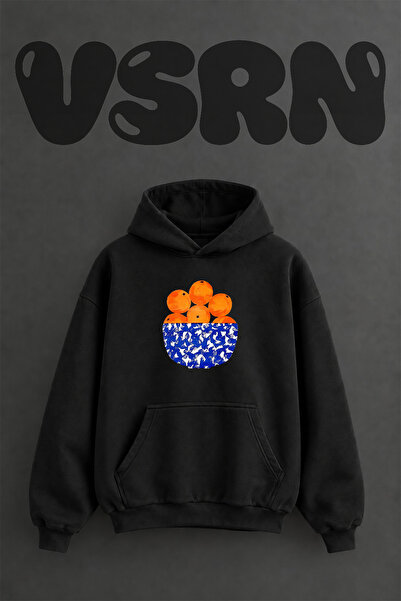 VSRN Hanorac negru supradimensionat cu glugă, cu imprimeu frontal Oranges Bow...