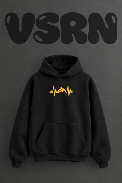 VSRN Hanorac negru supradimensionat cu glugă, imprimat frontal, cu design Piz...
