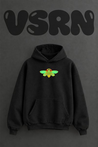 VSRN سويت شيرت أسود كبير الحجم بقلنسوة وطباعة أمامية بتصميم كرتوني على شكل سي...