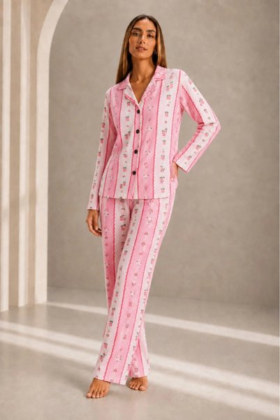 bysocafashion Women's Pink Front Buttoned Long Sleeve Bottom Top Pajama Set