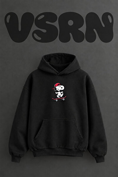 VSRN Hanorac negru supradimensionat cu glugă, cu imprimeu frontal Snoopy Skat...
