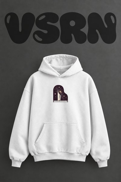 VSRN سويت شيرت أبيض كبير الحجم بقلنسوة مطبوع عليه تصميم رائد الفضاء على شكل ب...