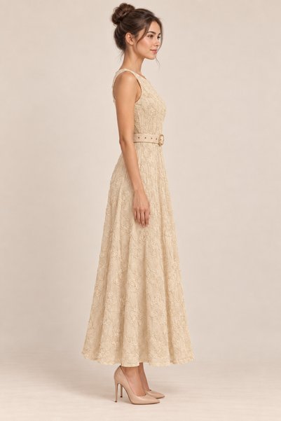 2TRENDY Women's Beige Maxi Floral Embroidered Dress with Round Buckle Belt
