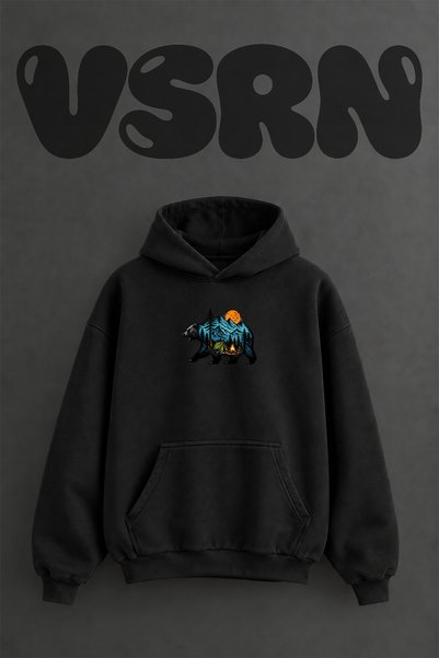 VSRN Bear Camping Design Pre-Printed Oversize Black Hooded Sweatshirt
