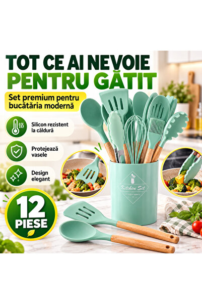 iTin Set ustensile bucatarie 12 piese, silicon termorezistent, maner lemn, Verde