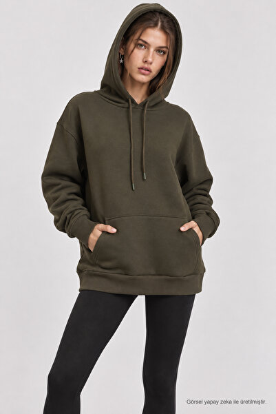 Lovelyİstanbul Hooded Oversize Knitted Sweatshirt Len0042 Khaki