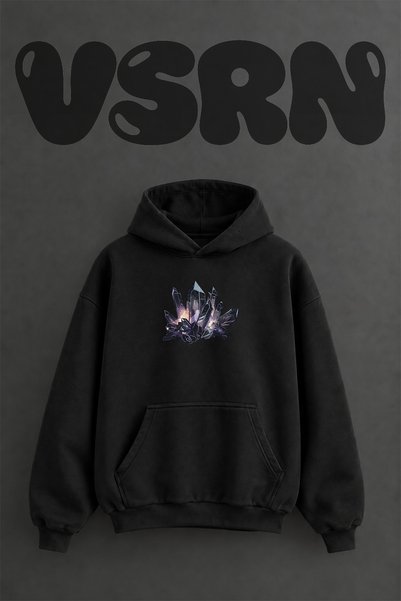 VSRN سويت شيرت أسود كبير الحجم بقلنسوة وطباعة أمامية بتصميم كوزميك كريستالز