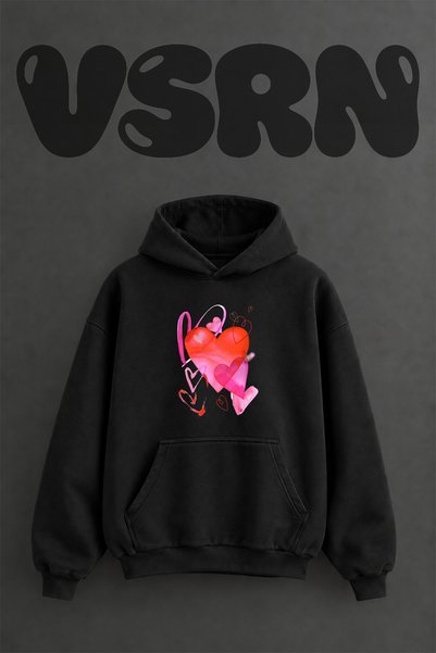 VSRN سويت شيرت أسود كبير الحجم بقلنسوة مطبوع عليه تصميم قلوب بألوان مائية