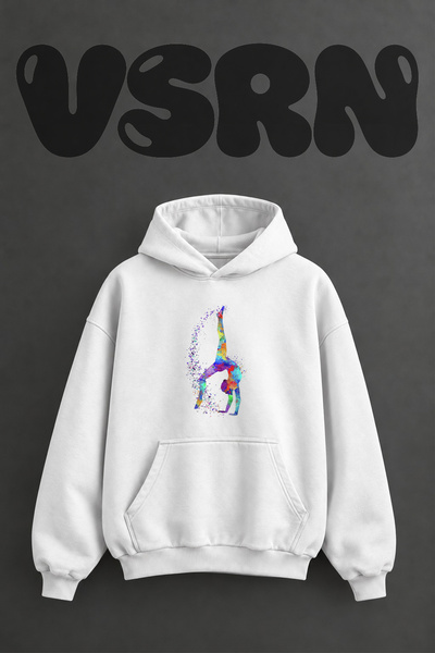 VSRN Colorful Gymnast Design Pre-Printed Oversize White Hooded Sweatshirt
