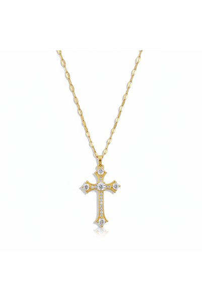 Alviro Colier pentru femei cu cruce decorativă, cu zirconii, auriu, 45 cm