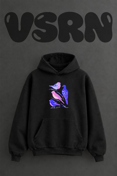 VSRN Pink Blue Birds Design Pre-Printed Oversize Black Hooded Sweatshirt